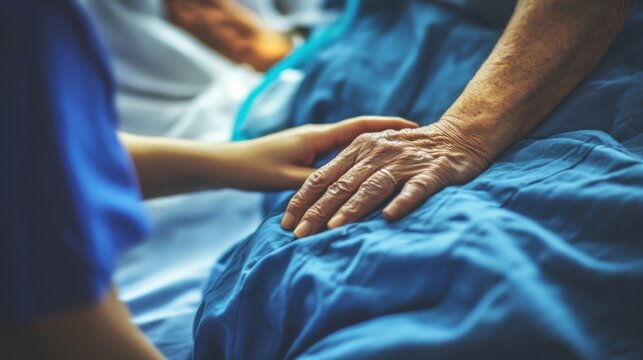 The caring hands of a nurse comforting a terminally ill patient in a hospice, Reflecting compassion and end-of-life care, photography style