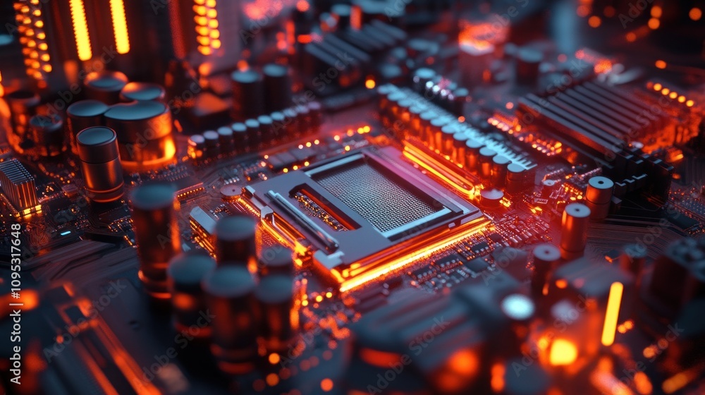 Poster close-up view of illuminated computer motherboard, showcasing intricate circuitry and components in 