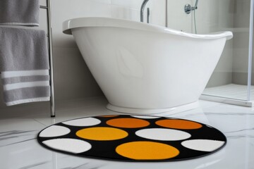Stylish bathroom rug enhances modern tub area with bold patterns in contemporary design