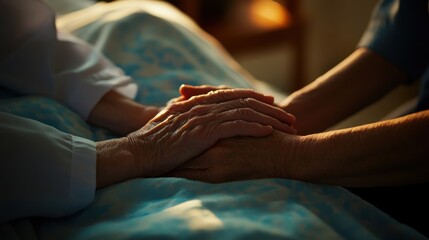 Obraz premium The caring hands of a nurse comforting a terminally ill patient in a hospice, Reflecting compassion and end-of-life care, photography style