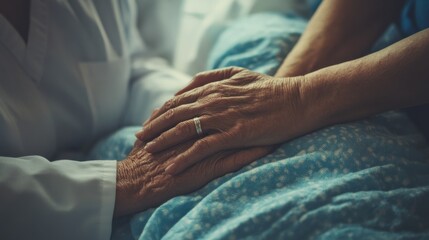 The caring hands of a nurse comforting a terminally ill patient in a hospice, Reflecting compassion and end-of-life care, photography style