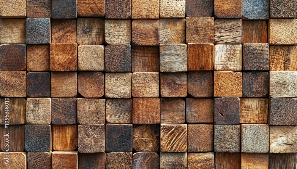 Poster close-up view of a tightly arranged assortment of various wooden cubes showcasing different textures