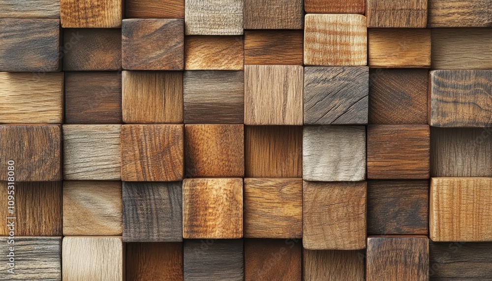 Poster close-up view of an arranged mosaic of wooden cubes capturing the natural texture and varied tones o