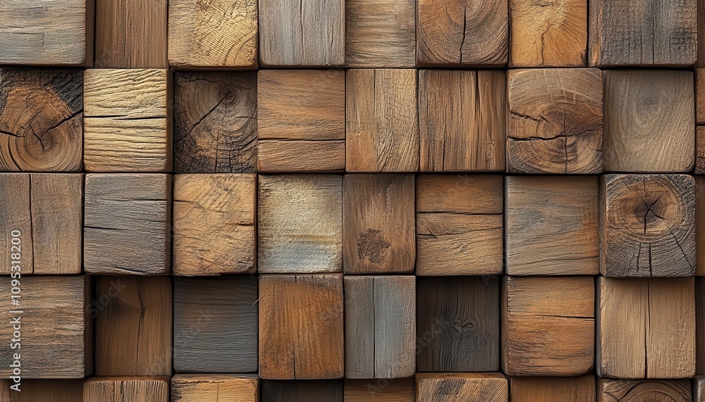 Poster close-up view of rustic wooden blocks arranged in a geometric pattern showcasing natural textures an
