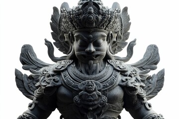 Ornate stone statue, detailed carvings, serene expression.