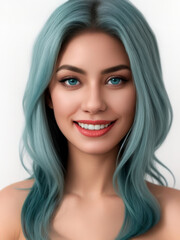 Young girl in her twenties stares at us with her blue eyes, blue hair and red lips showing us her wide smile