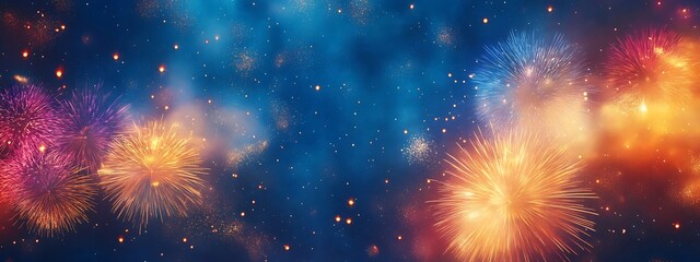 Fototapeta premium Vibrant Fireworks Display Against Dark Blue Sky 