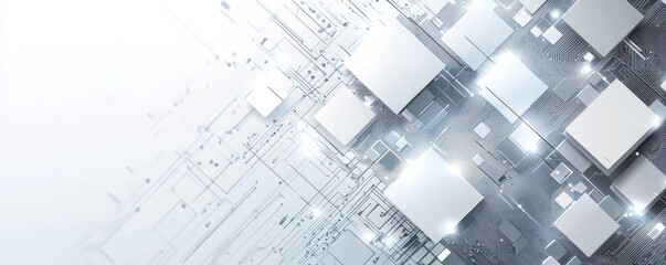 Obraz premium Abstract technology background featuring geometric white squares and circuit lines creating a modern digital design