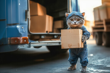 A stylish gray cat with yellow eyes and work clothes carries a box against the background of a loaded car, concept for advertising a transport company and cargo delivery