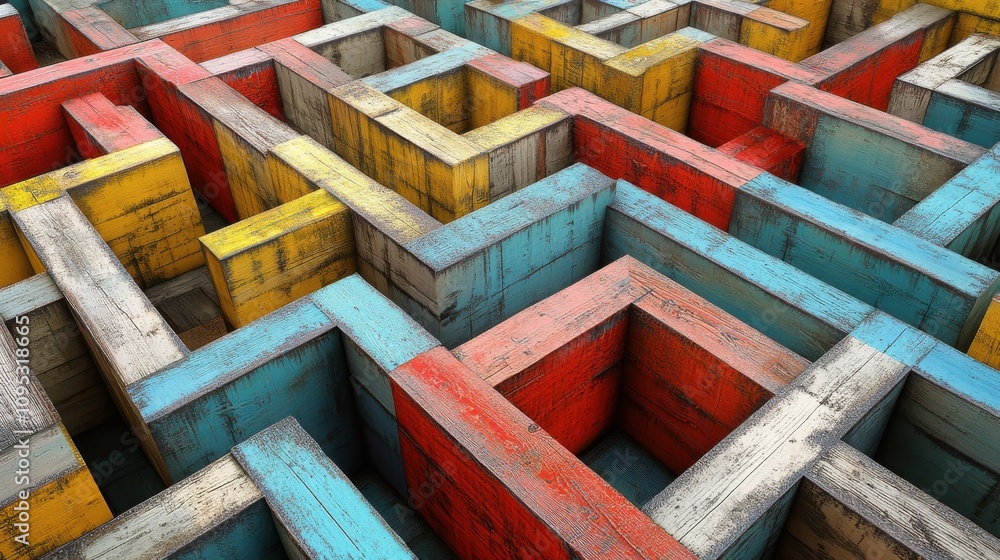 Aufkleber colorful abstract maze design with textured wooden blocks highlighting complex patterns and vibrant 