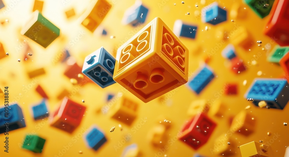 Poster colorful building blocks in a dynamic 3d scene with falling bricks on a bright yellow background sho