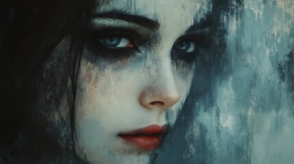 A Womans Face Partially Obscured by a Textured Background