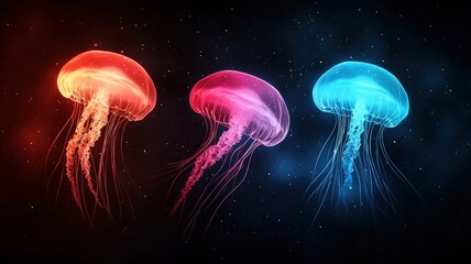 Naklejka premium jellyfish to transparent on mystical. Colorful jellyfish float gracefully against a dark background, showcasing vibrant hues of red, pink, and blue, creating a mesmerizing underwater scene.