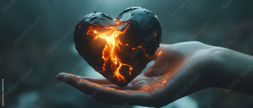 Poster enigmatic hand holding a glowing lava heart in a mystical atmosphere with shimmering light and dark 