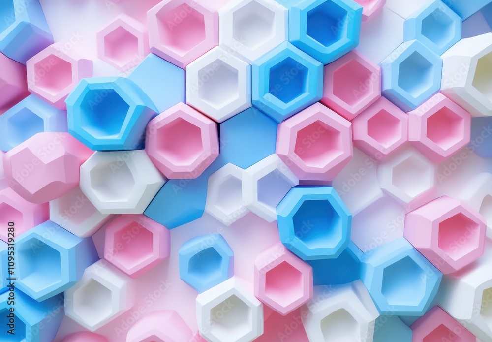 Poster colorful geometric hexagonal patterns with soft pastel shades of pink, blue, and white in a modern a