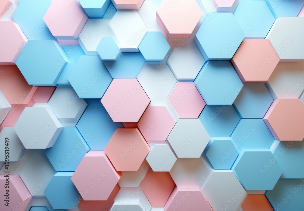 Poster colorful hexagon pattern with soft pastel hues in 3d design for modern interior decor and background