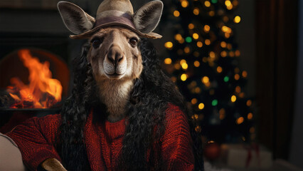 A kangaroo with curly hair and a shabby hat is seated in a cozy indoor setting, wearing a vibrant red sweater. In the background, there is a glowing fireplace and a Christmas tree.