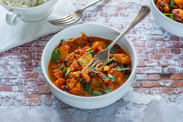 Vegetarian kidney beans and pineapple curry with basmati rice