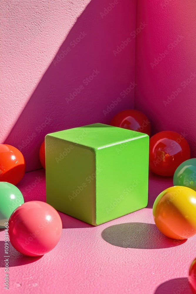 Poster colorful playful scene with green cube surrounded by vibrant spheres on a pink surface creating a fu