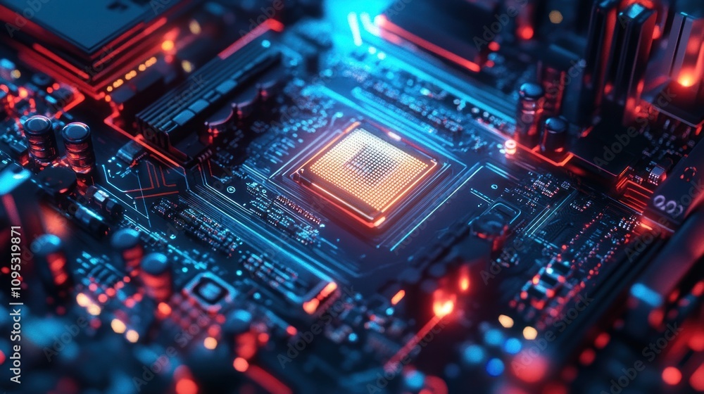 Poster illuminated circuitry: a close-up of a computer motherboard's central processing unit