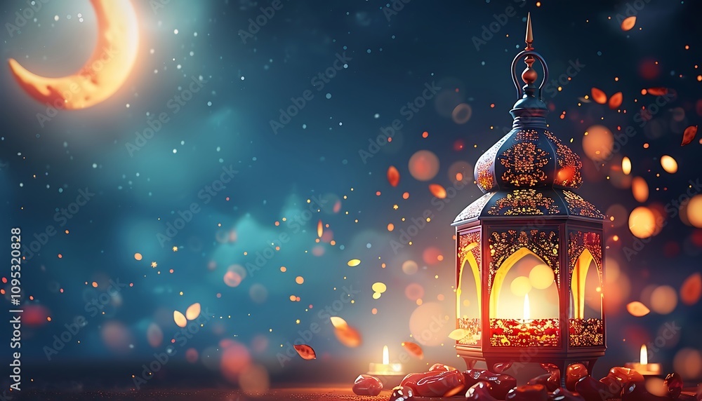 Poster ramadan kareem background with lanterns and dates. 3d rendering