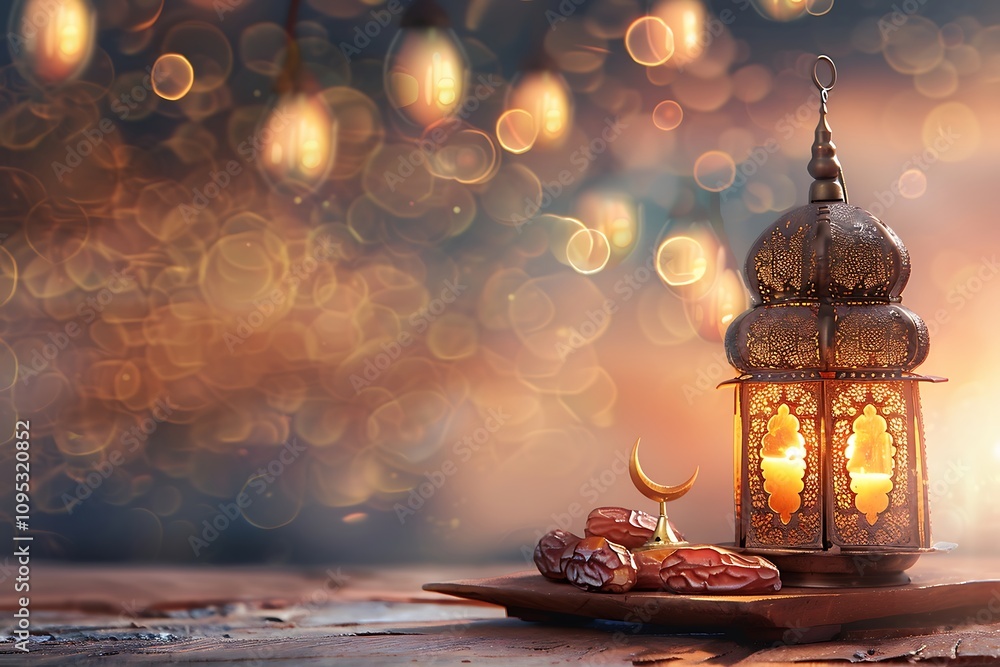 Poster ramadan kareem background with lanterns and dates. 3d rendering