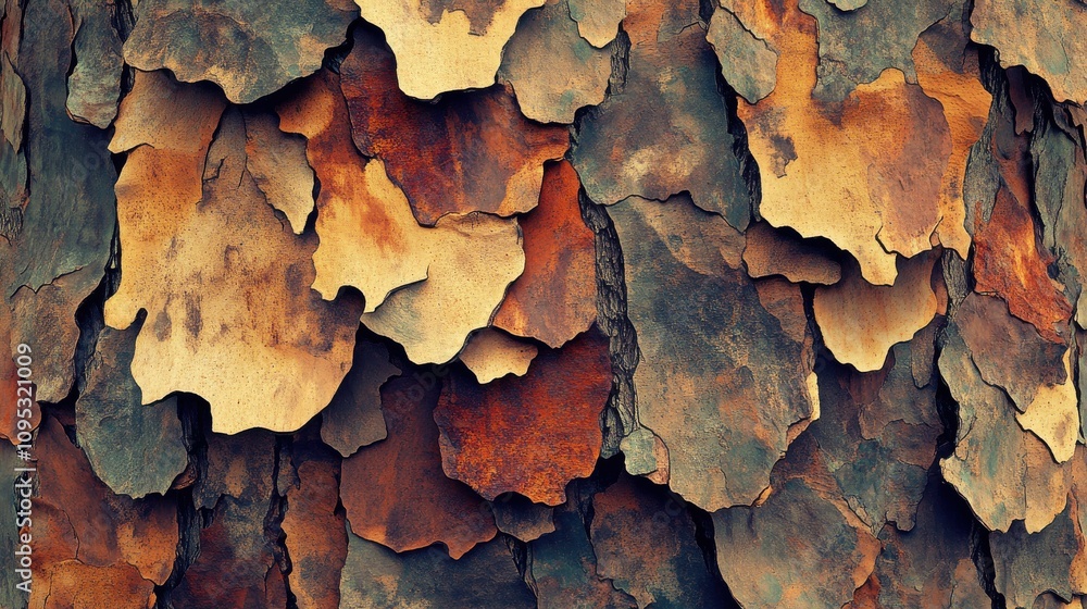 Poster close-up of textured bark with layers of rust and earthy tones, creating a natural and organic appea