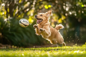 Playful Golden Retriever Leaping for Rugby Ball - Joyful dog, action shot, outdoor, golden retriever, rugby ball.  Captures pure canine energy and fun.