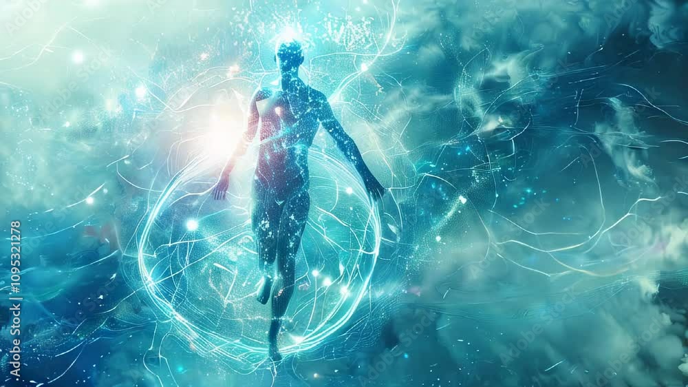 Aufkleber exploring the ethereal journey of an abstract human through cosmic realms of light