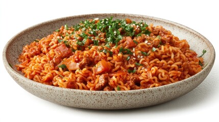 Spicy ground meat ramen noodles in bowl.