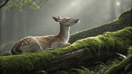 A serene meditation position on a mosscovered log embodying the calm presence of a resting deer.