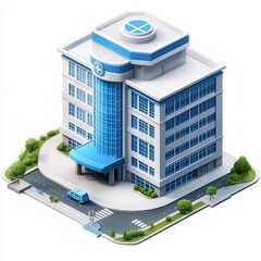 a hospital building vector, medical facility logo, 3D perspective, clean blue tones, isolated on white background