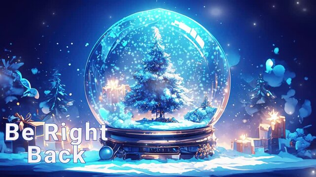 Enjoy winter scene snow globe showcasing bright Christmas tree sparkling snowfall. BRB stream overlay seamless loop Vtuber streamer asset twitch zoom OBS screen animated wallpaper virtual background