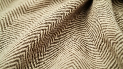 Close-up of textured beige fabric with a subtle herringbone pattern, showcasing its softness and elegance.