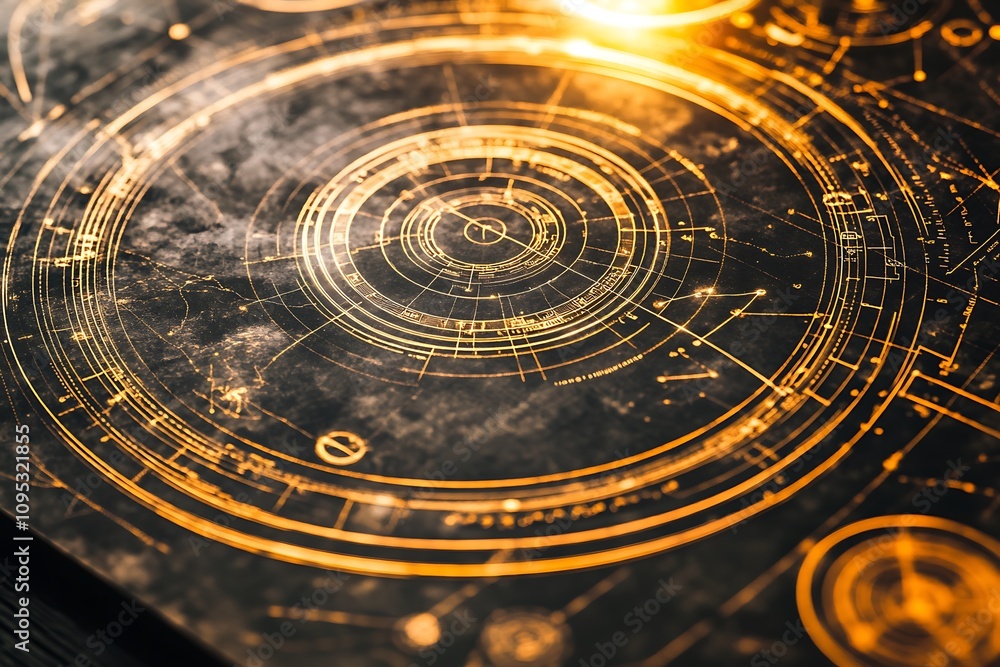 Poster intricate golden circular design with scientific and mathematical elements.