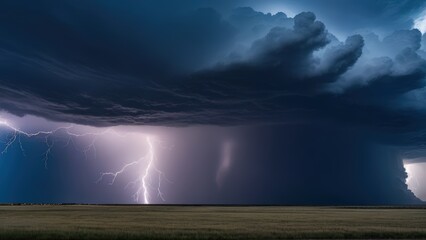 A dramatic thunderstorm over an open plain.
