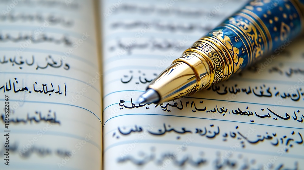 Poster a close-up of a pen resting on an open page of arabic text, emphasizing writing and language.