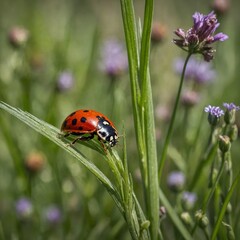 Obraz premium A ladybug climbing a blade of grass in a field of wildflowers.