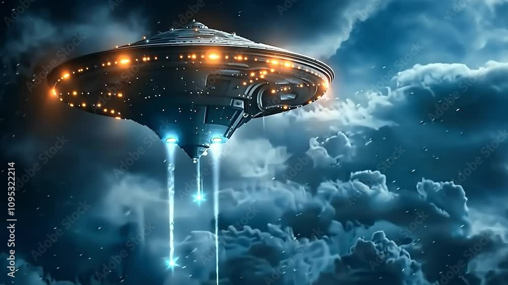 Poster spaceship is flying through the sky with a bright blue background. the sky is filled with clouds and