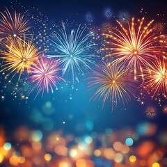 Obraz premium Vibrant Fireworks Display Against Dark Blue Sky 