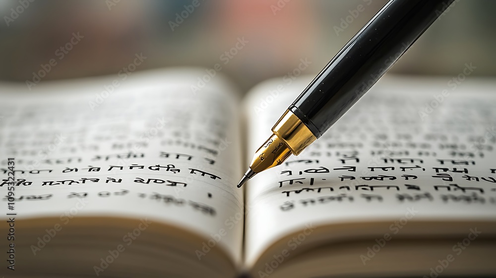 Aufkleber a close-up of an open book with text and a fountain pen poised to write.