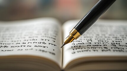 Fototapeta premium A close-up of an open book with text and a fountain pen poised to write.
