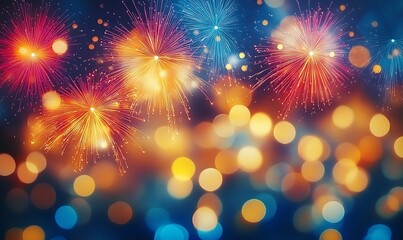 Obraz premium Vibrant Fireworks Display Against Dark Blue Sky 