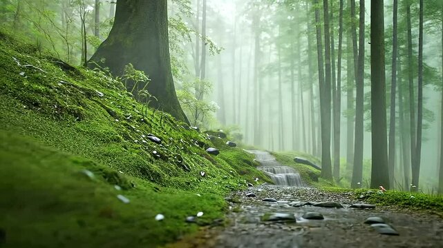 Serene Forest Path in Morning Mist with Gentle Stream