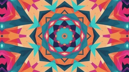 Vibrant symmetrical mandala design with teal, pink, orange and red geometric patterns.
