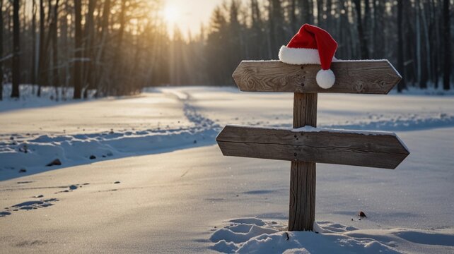 A santa hat hanging on a wooden direction sign