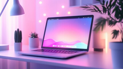 Fototapeta premium Laptop on desk with plants and soft lighting.