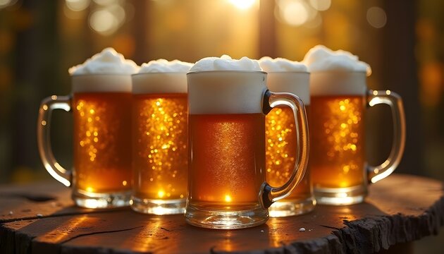 Jarras de cerveza fresca sobre una mesa en el festival de octubre
