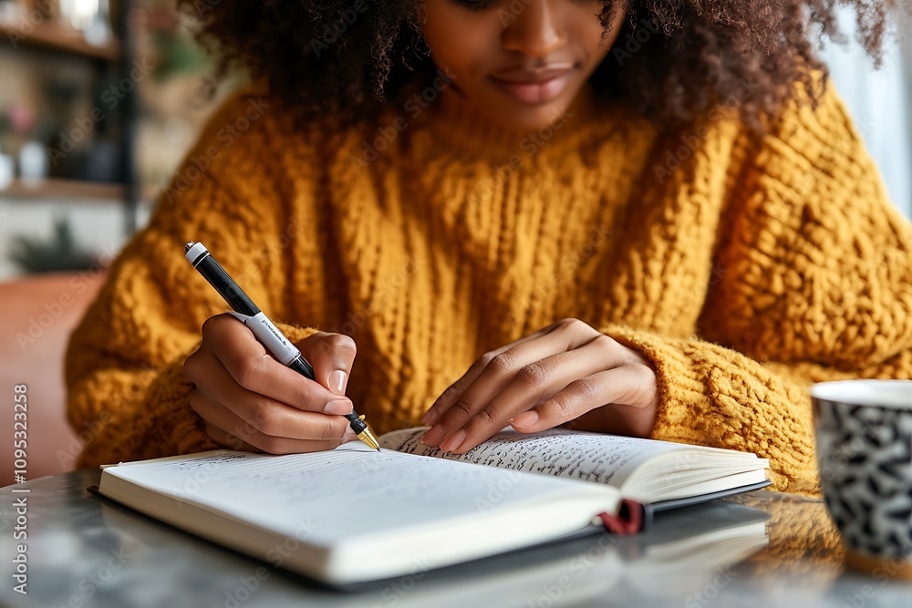 Poster a person writing in a notebook while enjoying a warm drink in a cozy setting.