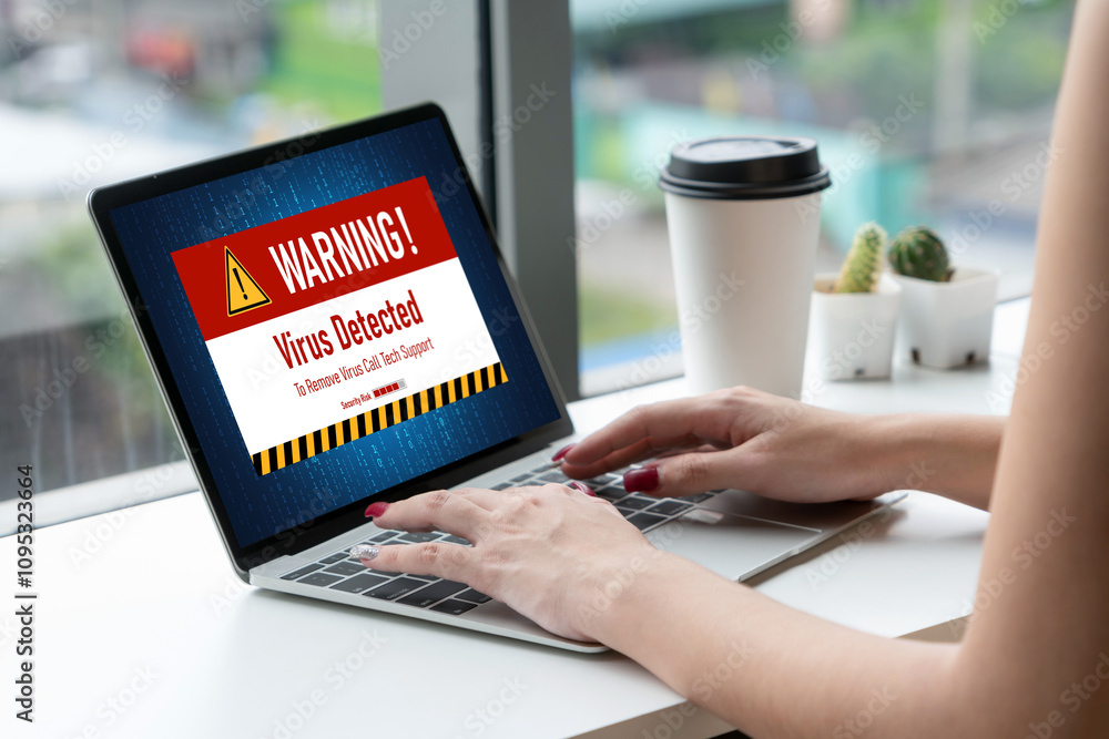 Poster virus warning alert on computer screen detected modish cyber threat , hacker, computer virus and mal